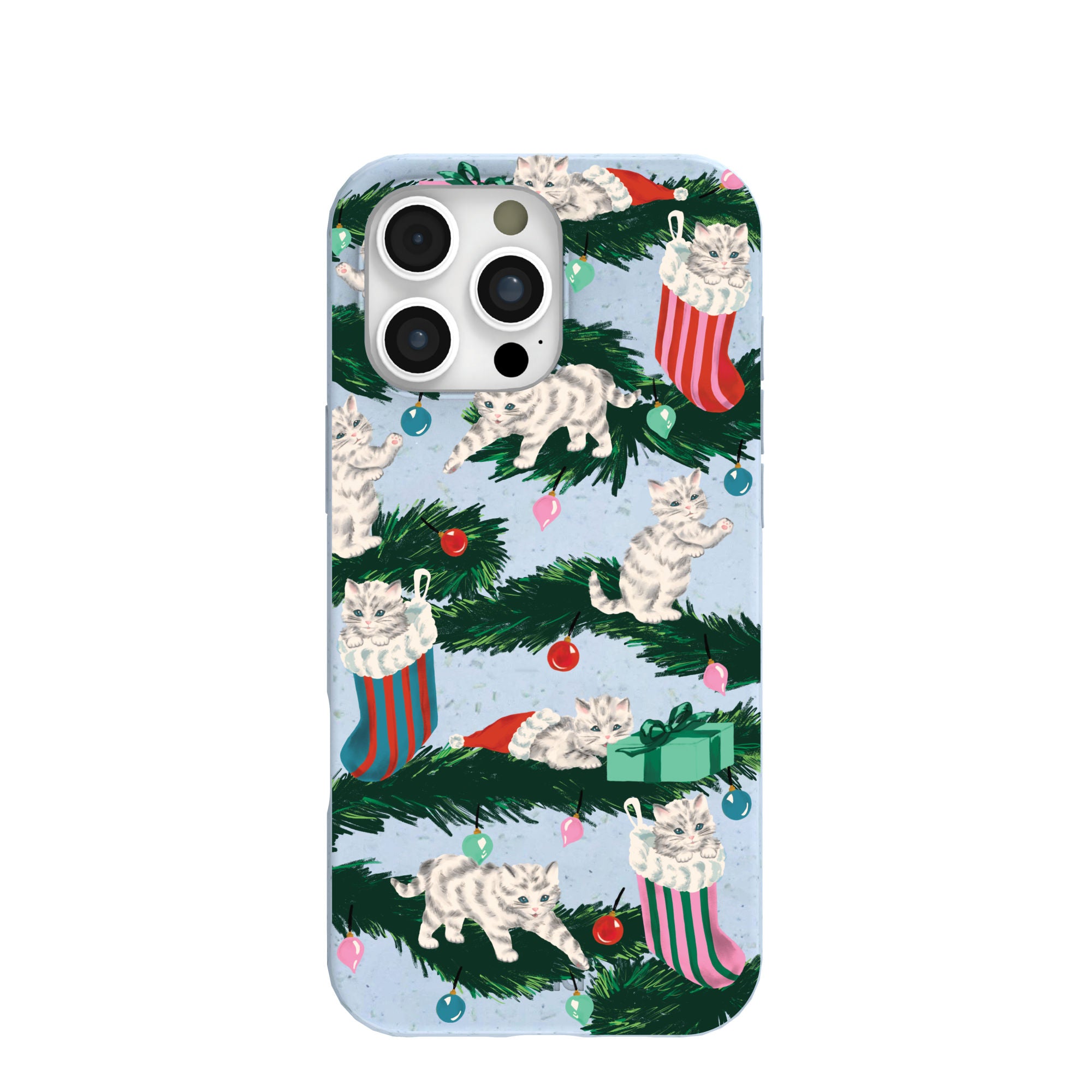 Powder Blue Christmas Kittens iPhone 16 Pro Max Case