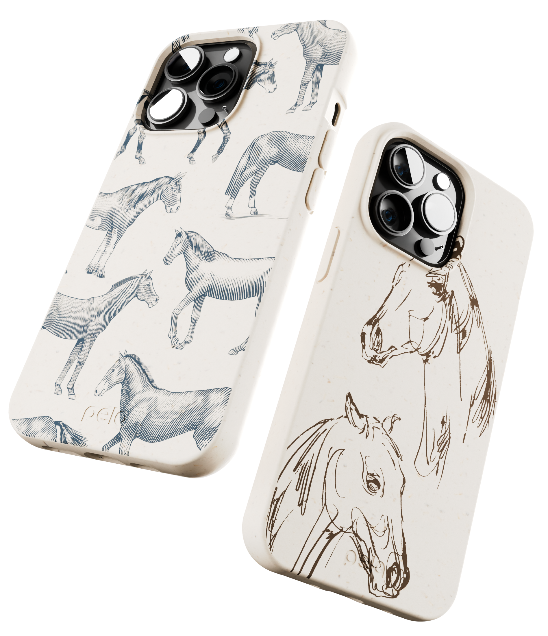 Two phone cases from the Pela Horsing Around Collection. The first case, Vintage Gallop, features detailed, multiple sketches of horses in different poses, while the second case, Equine, shows elegant line drawings of horse heads. Both cases have a cream-colored background, highlighting the intricate equine artwork.