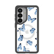 Coque Samsung Galaxy S26 à motif papillons bleu clair avec bordure noire (chargeur magnétique inclus)