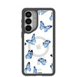 Coque pour Samsung Galaxy S26+ (Plus) avec motif papillons bleu clair et bordure noire (chargement magnétique inclus)