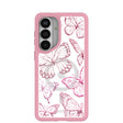 Coque transparente à effet papillon pour Samsung Galaxy S26+ (Plus) avec bordure rose pétale (chargement magnétique inclus)