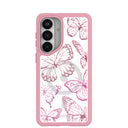 Coque transparente à effet papillon pour Samsung Galaxy S26+ (Plus) avec bordure rose pétale (chargement magnétique inclus)