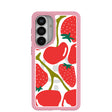 Coque transparente pour Samsung Galaxy S26+ (Plus) couleur cerise avec bordure rose pétale (chargement magnétique inclus)