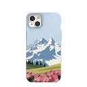 Coque pour iPhone 15 Plus : montagnes et fleurs bleu poudre