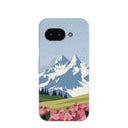 Coque Google Pixel 9a à motif de montagnes et de fleurs bleu poudre