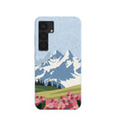Coque Samsung Galaxy S25 : Montagnes et fleurs bleu poudre
