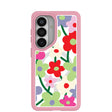 Coque transparente à motif coquelicot pour Samsung Galaxy S26 avec bordure rose pétale (chargement magnétique inclus)