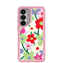 Coque transparente à motif coquelicot pour Samsung Galaxy S26+(Plus) avec bordure rose pétale (chargement magnétique inclus)