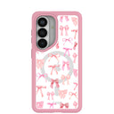 Coque transparente à nœuds roses pour Samsung Galaxy S26 avec bordure rose pétale (chargement magnétique inclus)