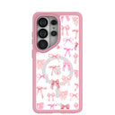 Coque transparente à nœuds roses pour Samsung Galaxy S26 Ultra avec bordure rose pétale (chargement magnétique inclus)