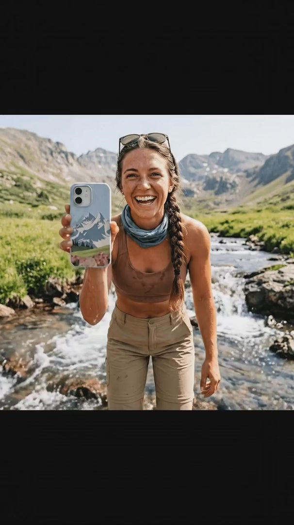 Powder Blue Mountains and Blooms iPhone 15 Case - Product video demonstration