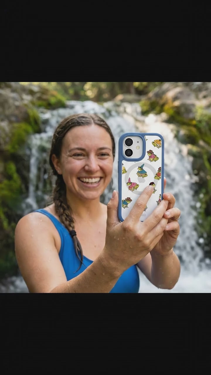 Clear Fancy Frogs iPhone 17 Case With True Blue Ridge (MagSafe included) - Product video demonstration