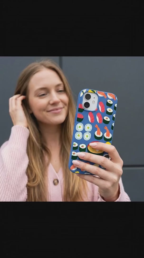 Electric Blue Sushi Night iPhone 16 Case - Product video demonstration