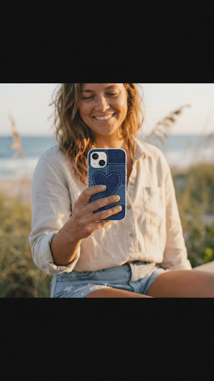 Powder Blue Denim Heart iPhone 17 Case - Product video demonstration