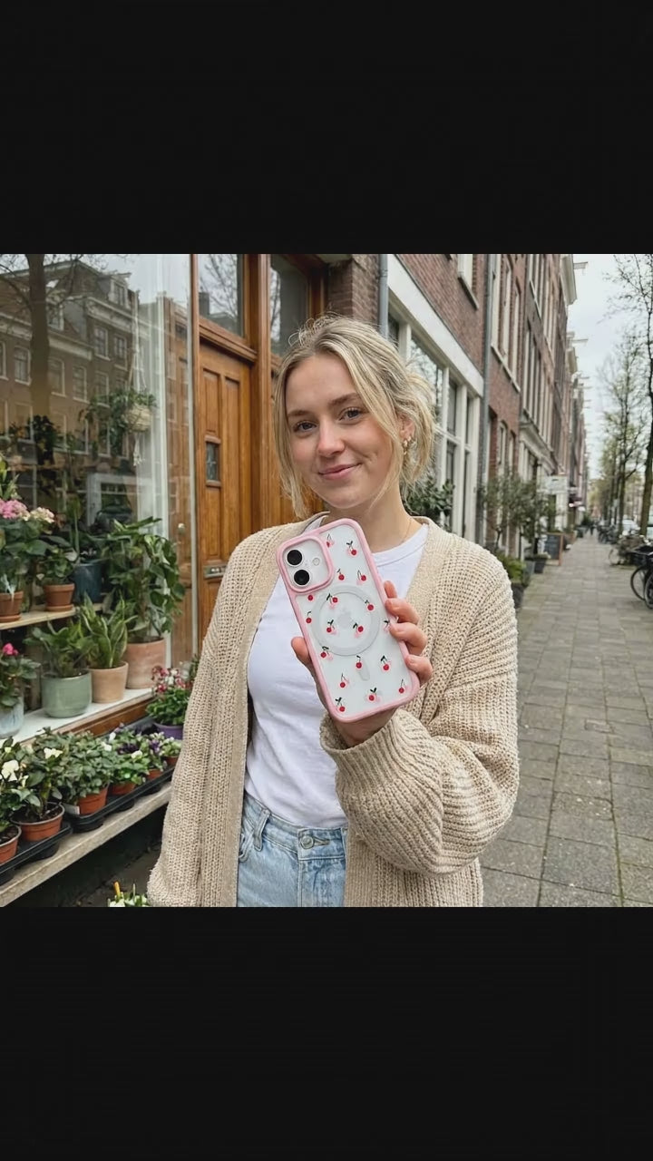 Clear Little Cherries iPhone 17 Case With Petal Pink Ridge (MagSafe included) - Product video demonstration